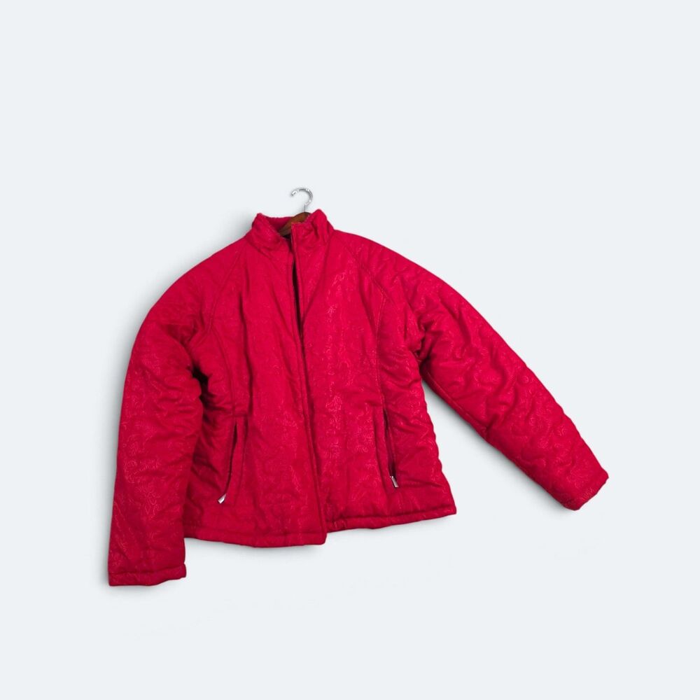 Jane Ashley Red Quilted Full Zip Lined Collared Jacket Floral Nature XL